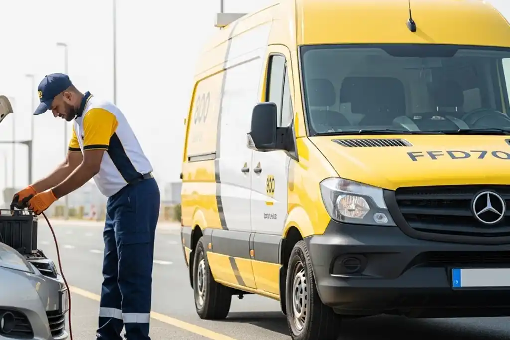 Technician providing 24/7 mobile car battery replacement service at customer’s location in the UAE