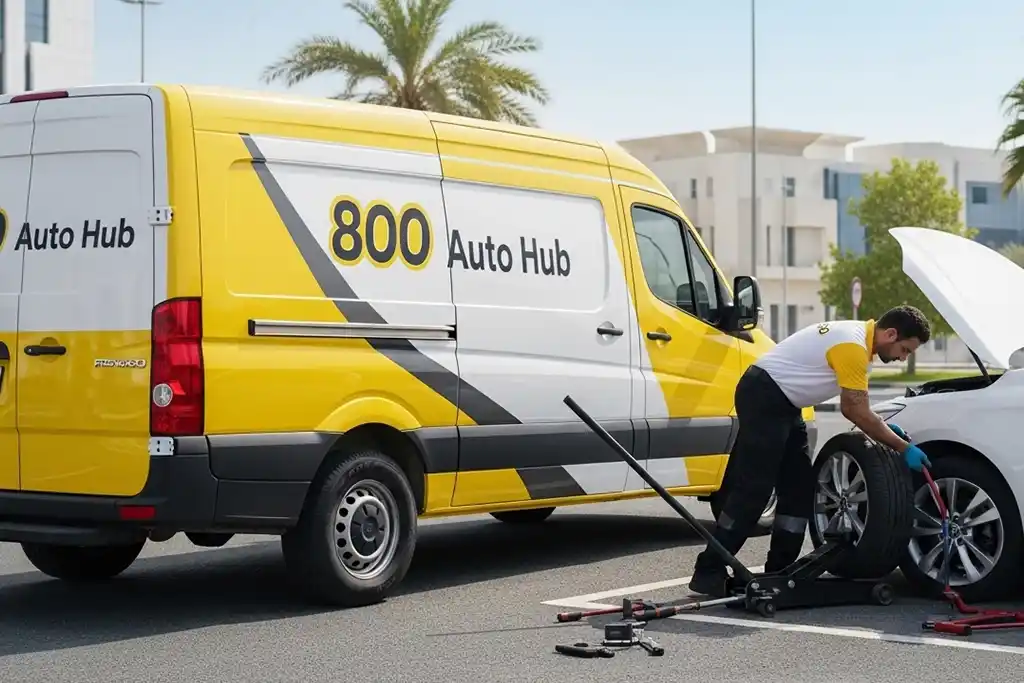 Technician providing 24/7 car tyre replacement service at customer’s location in the UAE