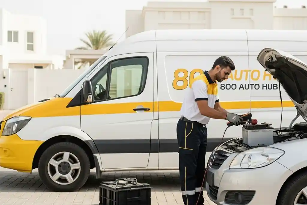 Technician replacing car battery at customer’s home in the UAE