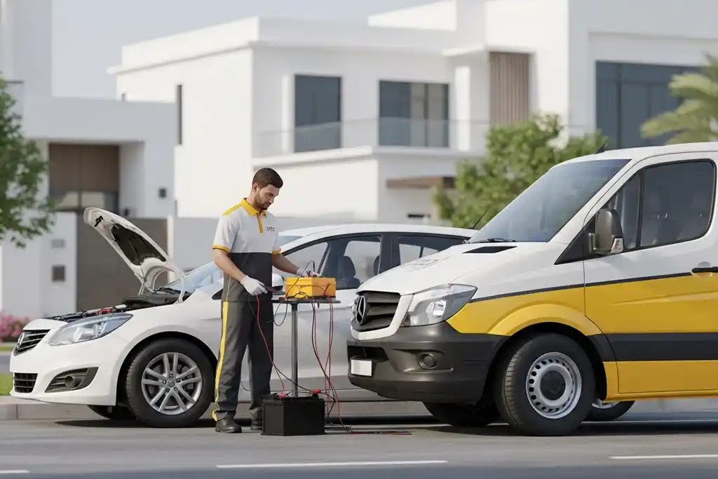 Technician replacing and testing car battery to ensure proper performance in the UAE