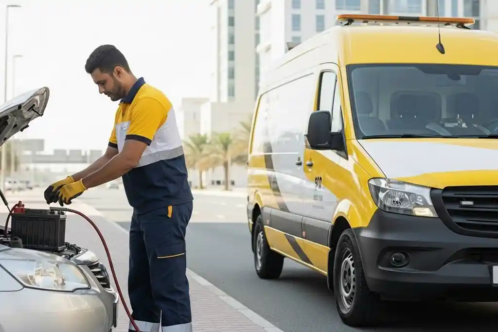 Technician providing emergency car battery replacement service for stranded vehicle in the UAE