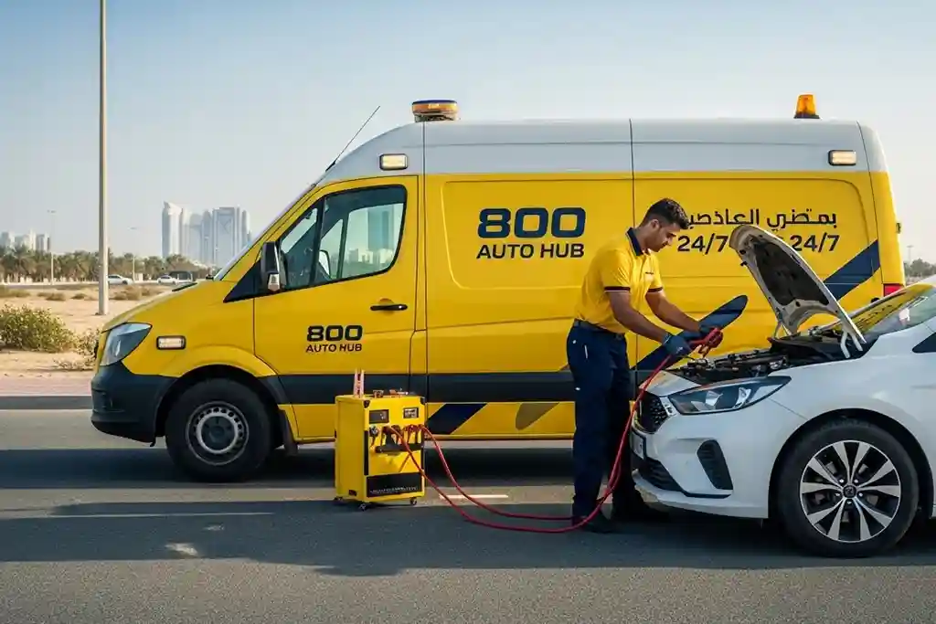 800 Auto Hub technician providing emergency car jump start service for stranded drivers anywhere in the UAE