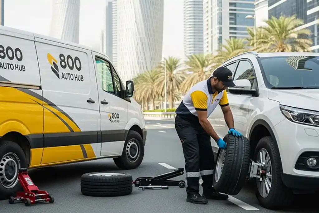 Technician repairing a flat car tyre on-site in the UAE