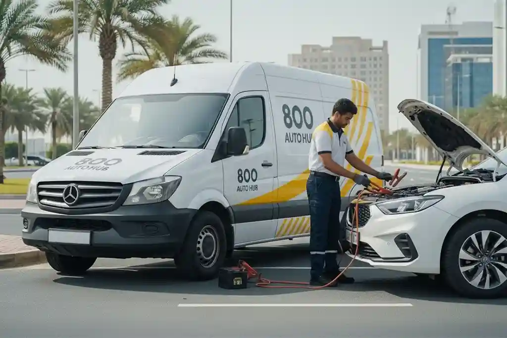 800 Auto Hub technician completing car jump start service and checking battery condition on-site in UAE