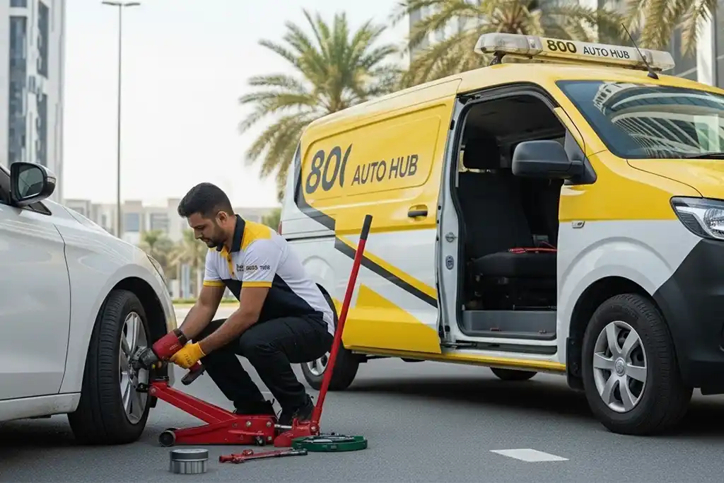 Technician fixing car tyre puncture and checking tyre pressure on-site in the UAE