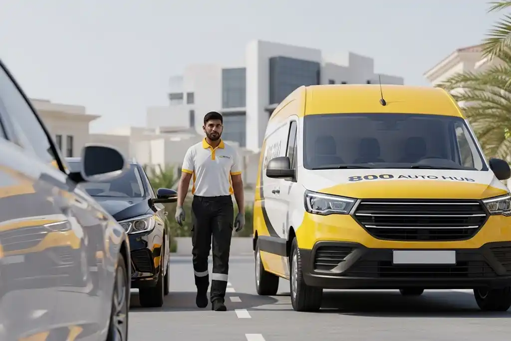 Technician arriving on-site to provide car battery replacement service in the UAE