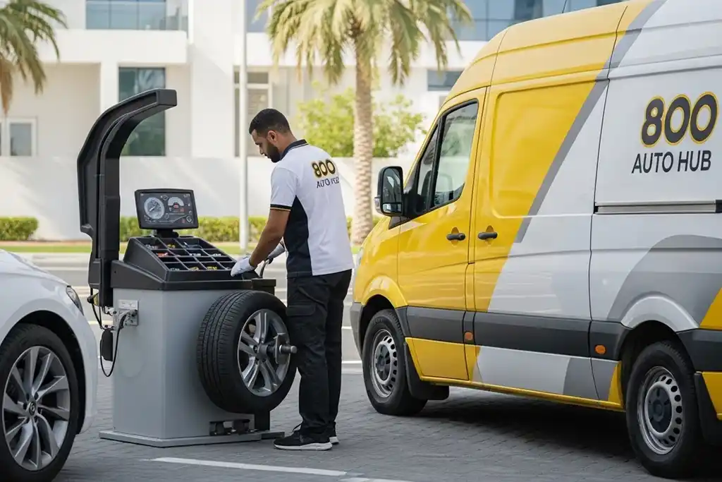 Technician performing wheel balancing service on a car in the UAE