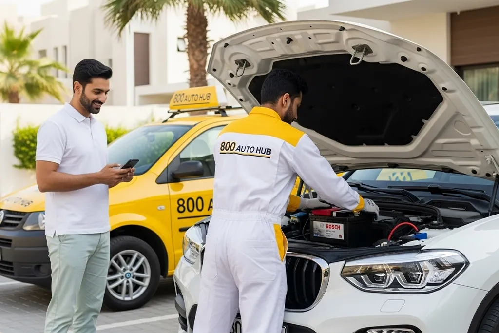 Customer sharing experience of at-home car battery replacement for BMW X3 booked via WhatsApp in UAE