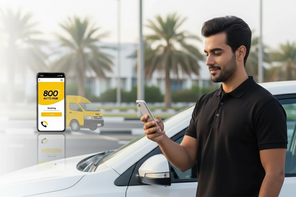 Customer placing a fuel delivery request through mobile app or WhatsApp with 800 Auto Hub