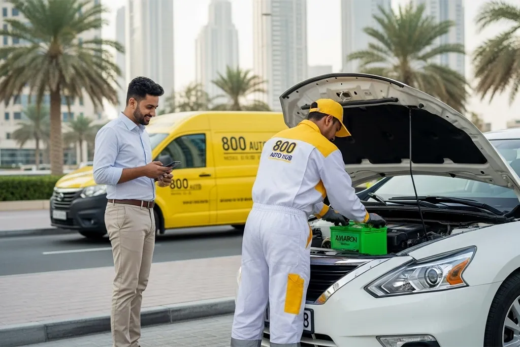 Customer review about quick car battery replacement for Nissan Altima in Business Bay, UAE