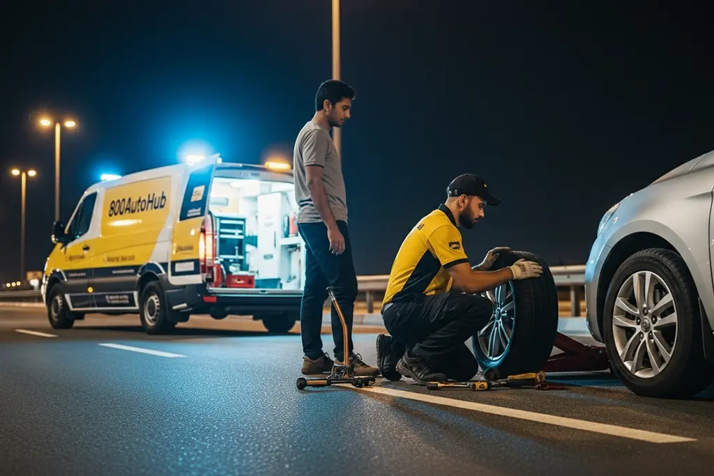 800AutoHub technician changing a car tire at night on the roadside, with a customer observing, showcasing prompt emergency roadside assistance.