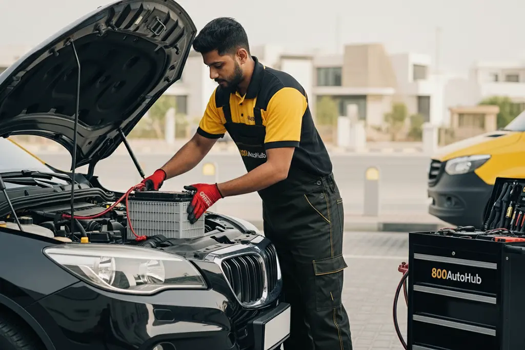 A professional mechanic replacing the car battery in a black BMW.