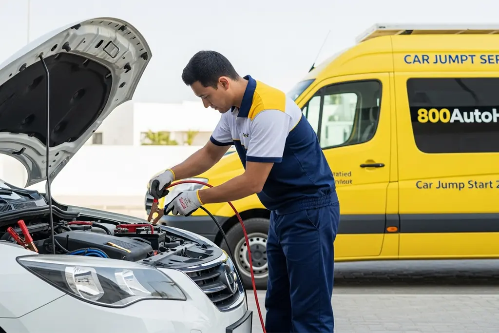 A mechanic performing a car jump start with jumper cables in a white car, while a yellow 800AutoHub van is parked nearby.
