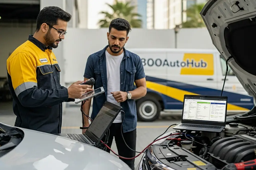 800Autohub technician using a tablet to diagnose a vehicle while discussing with a customer near the car, showcasing the diagnostic process.