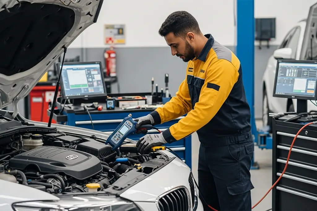 A technician performing engine diagnostics on a vehicle using specialized equipment.