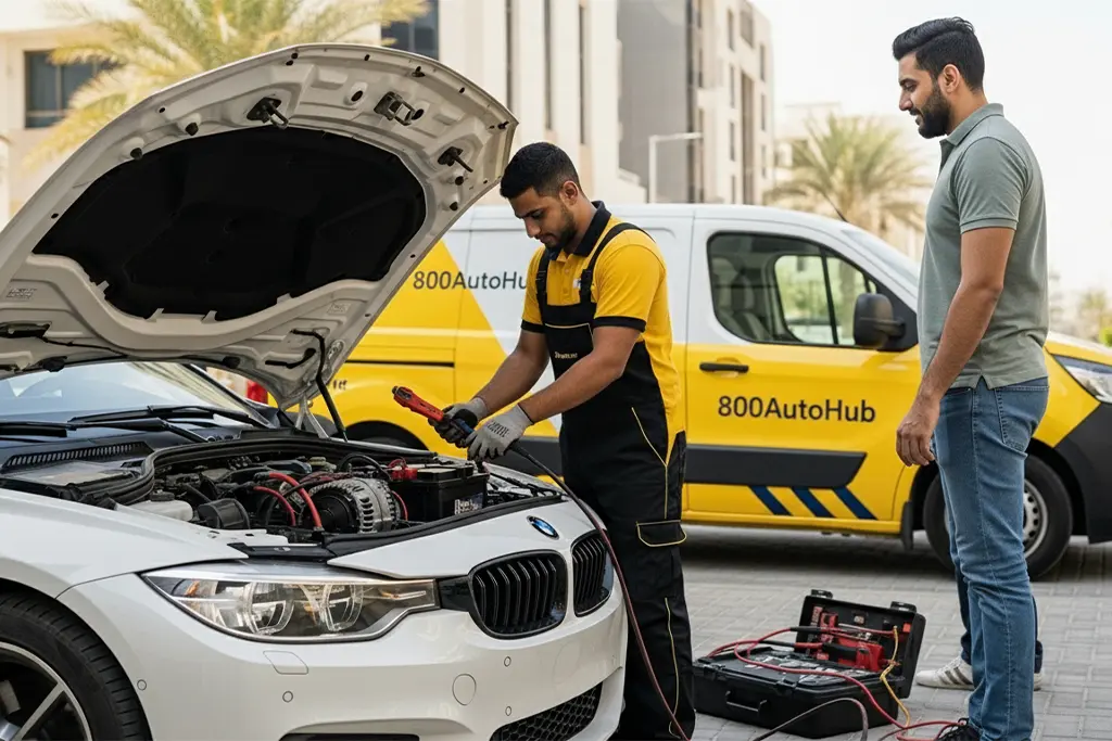 800AutoHub technician providing on-site battery service to a BMW, while a customer observes the procedure.