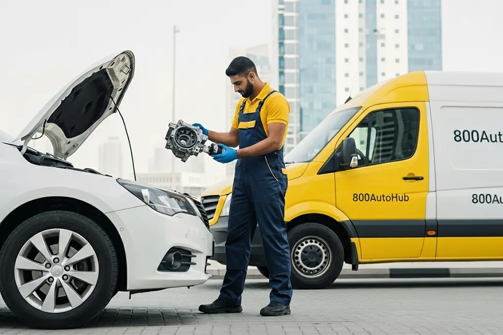 800AutoHub technician inspecting and holding a car battery for repair or replacement.