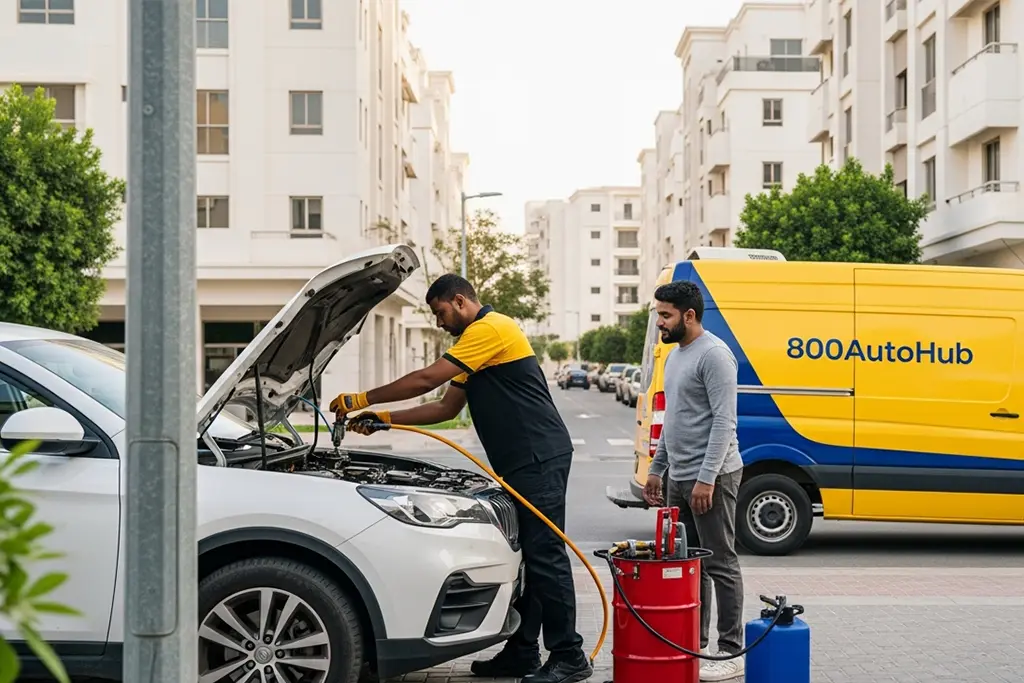 800AutoHub technician providing on-site service, using equipment to service a car engine.