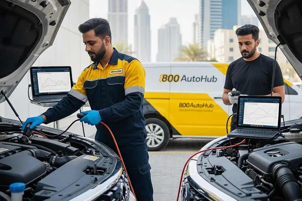 800AutoHub technician performing system testing on car engines with diagnostic equipment, while a second technician observes the results on a laptop