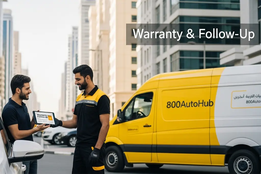 800AutoHub technician handing over a warranty and follow-up document